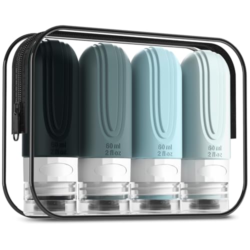 Mrsdry Travel Bottles for Toiletries, Tsa Approved 2oz Travel size Bottles, BPA Free Leak Proof Travels Toiletry Containers, Traveler Accessories with Toiletry Bag for Shampoo Liquid (4 Pack) - color: Grey-2oz