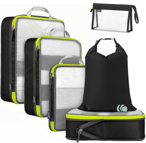 Cipway Compression Packing Cubes, See Through Mesh Luggage Organizer Bags, Travel Essentials for Carry on Suitcase with Laundry Bag and Clear Toiletries Bag（6Pcs,Black） - color: Black, size: 6PCS