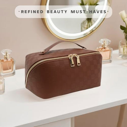 Travel Makeup Bag – Large Cosmetic Organizer with Waterproof PU Leather, Smooth Double Zipper & Tear-Resistant Lining, Toiletry Pouch for Women (Brown) - color: 02-Brown