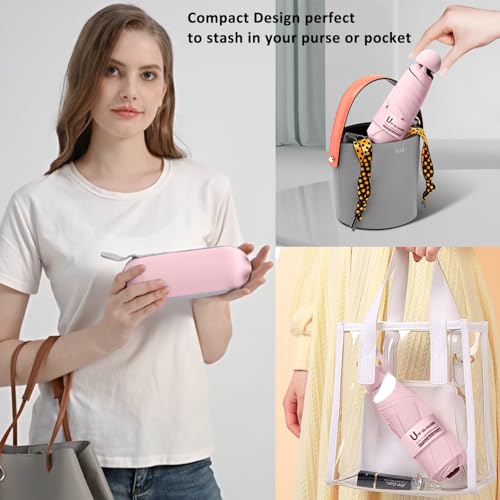 BAODINI Travel Essentials Mini Umbrella for Purse With Case Small Compact UV Sun Protection Lightweight Tiny Pocket Manual Open Close Umbrella for Women Kids and Men Fits Purse Backpack - color: D-2 Pack Pink & Purple