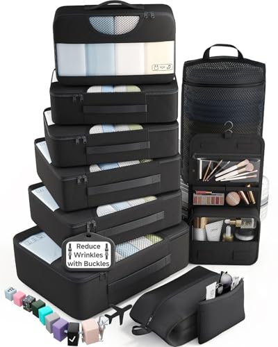 Veken 10 Set Packing Cubes for Travel Essentials,Anti-Wrinkle Buckled Suitcase Organizer for Shoe & Toiletry Bag,Carry On Luggage Bag for Airplane & College Dorm Room Accessories,Women Men Gifts - color: 01 Black