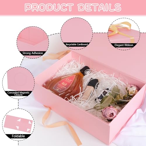 Large Pink Gift Box with Ribbon, 13.8" x 9" x 4.3" Groomsmen Proposal Box for Presents with Magnetic Closure Lids, Rectangle Collapsible Luxury Storage Box for Anniversary Wedding Birthday, 1 Pack - size: 1 Count (Pack of 1)