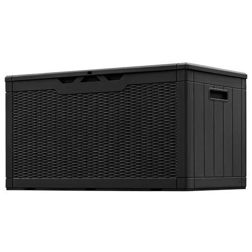 Greesum 100 Gallon Resin Patio Storage Box for Garden Tools, Outdoor Furniture Cushions, Pool Supplies, Black - color: Black, size: 100 Gallon