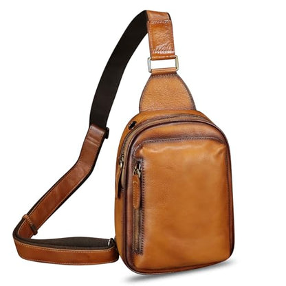 Genuine Leather Small Sling Bag for Women and Men Crossbody Bag Chest Bag Sling Backpack Purses for Hiking Sports Travel - color: Brown
