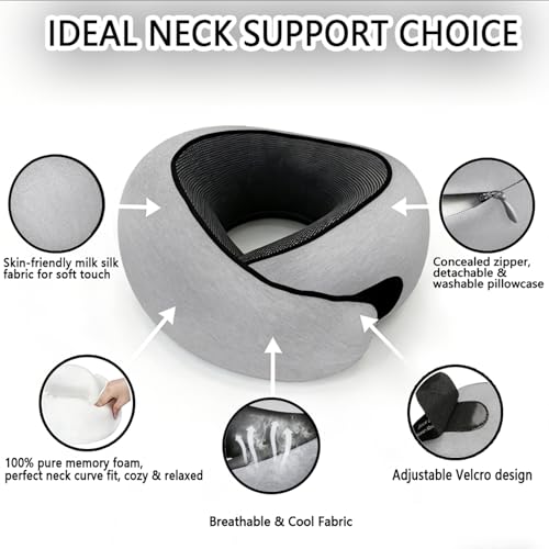 Travel Neck Pillow- 360° Ergonomic Memory Foam Travel Neck Pillow Airplane,Premium Breathable Relief Neck Pain for Long Flights,Car & Office (Gray) - color: Gray