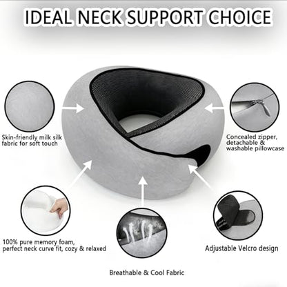 Travel Neck Pillow- 360° Ergonomic Memory Foam Travel Neck Pillow Airplane,Premium Breathable Relief Neck Pain for Long Flights,Car & Office (Gray) - color: Gray
