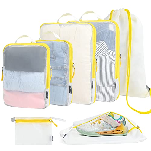 PFEYRPK Lightweight Compression Packing Cubes for Suitcases, Compressible Expandable Travel Packing Organizer with Clear Toiletries and Backpack Bag, Travel Essentials for Carry on Luggage 7 Set - color: Mesh white/Yellow, size: 7 Set