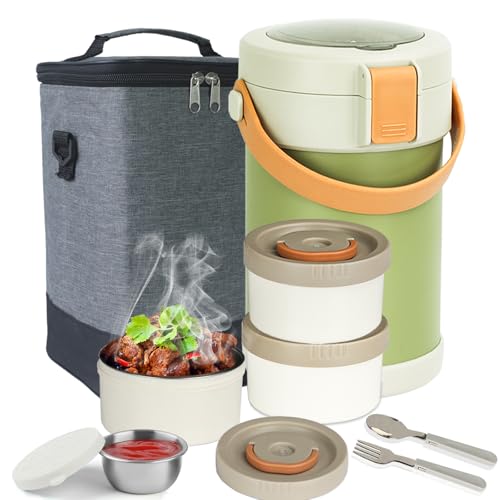 67 oz Audult Hot Food Thermo, Insulated Food Container,2L 3 Layer Insulated Lunch Box Kit Stainless Steel Vacuum Soup Food Thermo Stackable Hot Food Jar Bento Box for Men, Women-Green - color: Green(dark bag）