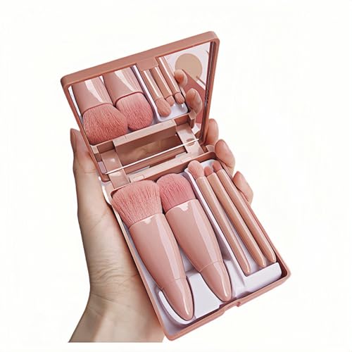 5-Piece Professional Makeup Brush Set with Mirror & Travel Case Hypoallergenic Vegan Bristles for Sensitive Skin Luxury Gift-Ready Box,Portable Cosmetic Kit for Brides,Travel,On-the-Go Touchups (Pink) - color: Pink