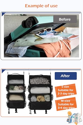 TABITORA Travel Luggage Organizer insert Hanging Packing Cubes for Suitcase Carry on Closet Hanging Shelves Folding(Black,S) - color: Black, size: Small