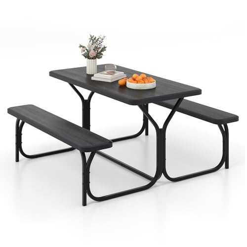 S AFSTAR Picnic Table, 59” Plastic Picnic Table with Benches, Steel Frame & Wood-Like Texture Tabletop, Expanded Rectangular Camping Table Chair Set for Garden Patio Lawn Deck (Black) - color: Black