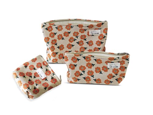 HAPPYHEIDI Makeup Bag Set 3 Cosmetic Toiletry Organizer Zipper Pouch for Purse Tote, Women Girls Gift, Large Medium Small, Beige Orange Floral Corduroy - color: Orange Floral Corduroy Set of 3