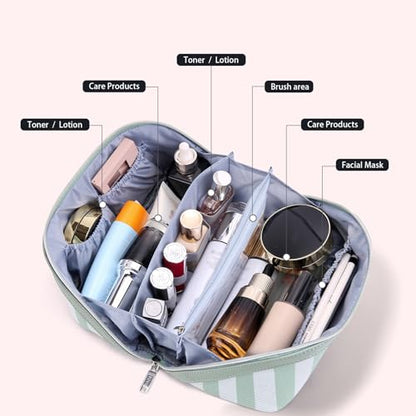 BOYATU Travel Makeup Bag Cosmetic Bag for Women: 3 Pcs Set Striped Make up Bag with Compartments - Waterproof Vegan Leather Toiletry Bag with Handle - Makeup Organizer for Travel Essentials(A-2-Green) - color: A-2-Green