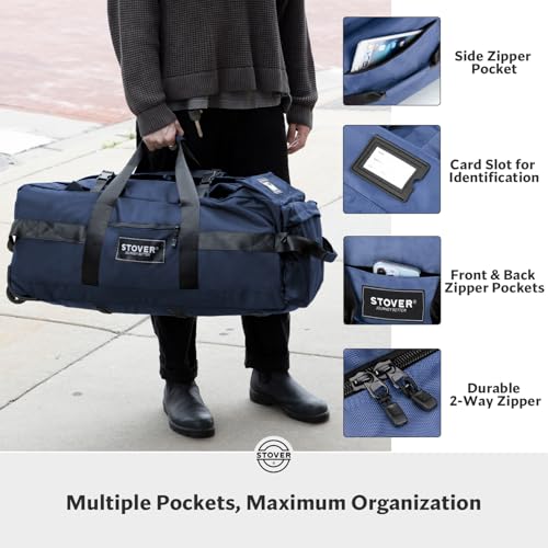 STOVER 45/80/100L Rolling Duffel Bag with Wheels, Large Durable Travel Duffle + Toiletry Bag, Heavy Duty, Packable, Foldable with Shoulder Straps- Use as Luggage or Backpack, Men/Women (Navy Blue) - color: Navy Blue