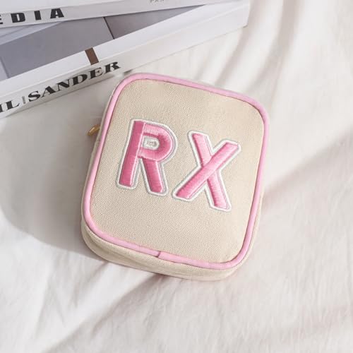 RSRSLEII Small Canvas Rx Medicine Packages, Cute Chenille Letter Patch Drug Makeup Bag with Metal Zipper, Mini Travel First Aid Purse Organizer Machine Washable (04Light-Pink) - color: 04Light-Pink