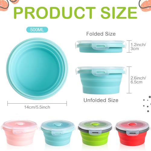 Suclain 4 Pcs Collapsible Bowls with Lids Silicone Camping Food Storage Container Expandable Folding Salad Lunch Box Travel Container for Hiking Camping - color: Red, Pink, Blue, Green