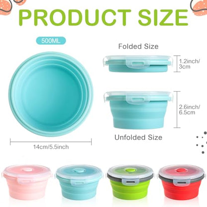 Suclain 4 Pcs Collapsible Bowls with Lids Silicone Camping Food Storage Container Expandable Folding Salad Lunch Box Travel Container for Hiking Camping - color: Red, Pink, Blue, Green