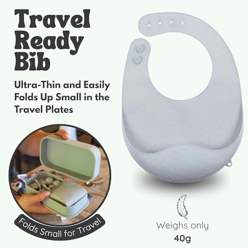 Baby Travel Essentials 6 Pc Silicone Feeding Set - Portable Toddler Plates with Suction, Baby Spoons & Foldable Bib in Carrying Case - BPA-Free Infant & Toddler Utensils for Airplanes & Eating Out - color: Gray