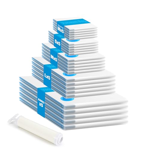 Simple Deluxe 25 Pack Space Saver Bags, Vacuum Storage Bags, Space Saver Bags for Comforters, Blankets, Bedding, Pillows and Clothes, Hand Pump Included(5 Jumbo/5 Large/5 Medium/5 Small/5 Roll M) - size: 25 Combo