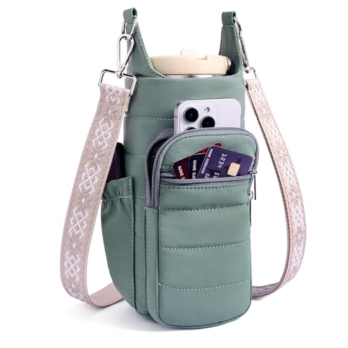 Water Bottle Bag 40 oz Crossbody Bag Insulated Carrier Purse Holder for Walking Hiking with Adjustable Strap - color: Light green
