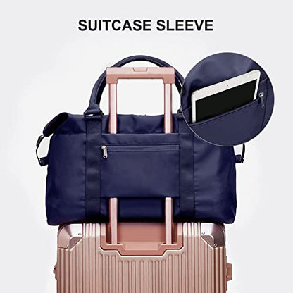 Dark Blue Sport Travel Duffle Bag Large Gym Tote Bags for Women, Weekender Carry on Bags for Airplane, Ladies Beach Overnight Waterproof Luggage Bags with Wet Pocket - color: Dark Blue