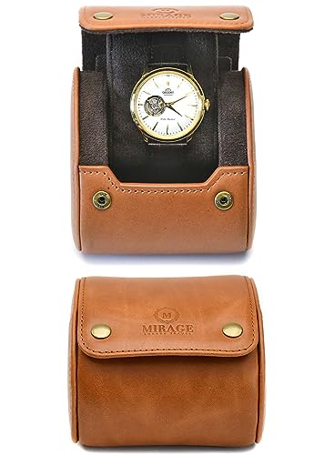 Leather Watch Rroll Travel Case Single Watch Roll Holder Tawny Brown Full Grain Cow Leather - Mirage Heritage Collection - color: Cow Real Leather/Single watch case