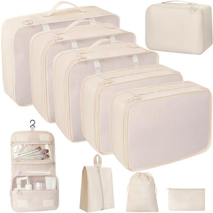 10 Pcs Set Packing Cubes - Travel Packing Organizers, Expandable Suitcase Organizer, Luggage Organizer Bags - color: BEIGE