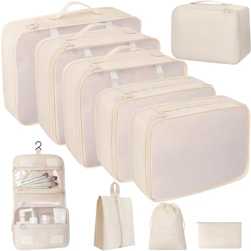 10 Pcs Set Packing Cubes - Travel Packing Organizers, Expandable Suitcase Organizer, Luggage Organizer Bags - color: BEIGE