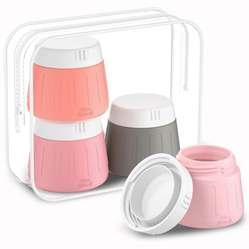 Gemice 3 oz Travel Containers for Toiletries, 4-Pack TSA Approved Travel Size Toiletries Containers for On-the-Go, Small Leak-Proof Travel Essentials Silicone Jar for Shampoo, Lotions, Cleanser - color: Pink, size: 3 oz