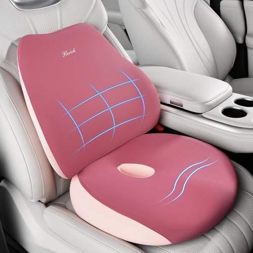 FLORICH Car Seat Cushion and Lumbar Support Pillow, Ergonomic Memory Foam Driving Seat Cushions for Back & Sciatica Pain Relief, Non-Slip Cushion for Car, Office, Truck, Wheelchair, Gaming Chair-Pink - color: A-cushion&lumbar Pillow-pink
