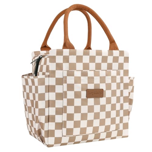 Joymee Lunch Bag Women, Reusable Leakproof Cooler Tote - Checker Brown | Spacious Storage, Bottle Holder & Pockets, Leakproof Insulated, for Work, Travel, Picnic, Daily Use, for Adult - color: 04 Checker Brown