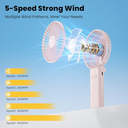 HandFan Ultra-Slim & Lightweight Handheld Fan (0.5in,0.3lb), 5 Speeds Portable Hand Held Fan USB Rechargeable 180° Foldable, Quiet Summer Essentials with Lanyard for Travel/Concerts/Lash (Pink) - color: Pink