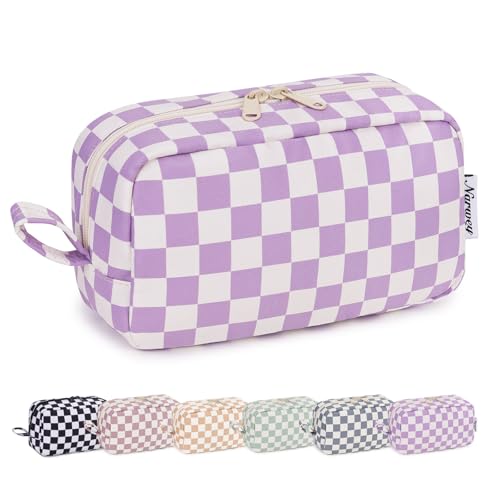 Narwey Checkered Makeup Bag Travel Cosmetic Bag Organizer Small Toiletry Bag Make Up Bags with Organized Pockets for Women (Purple Checkerboard, Large) - color: AA-Purple Checkerboard, size: Large