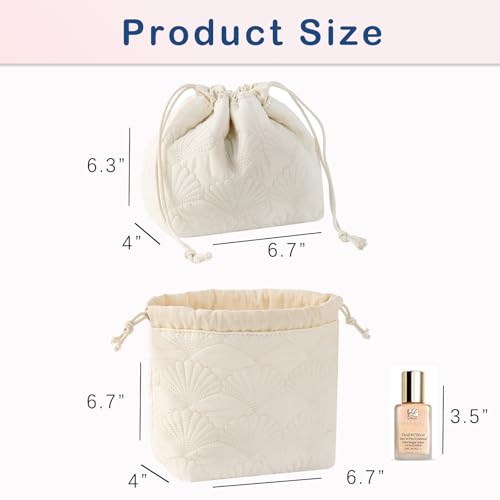 RSRSLEII Quilted Cotton Coquette Drawstring Makeup bag, Coastal Granddaughter Aesthetic Cosmetic Bag, Cute Seashell Portable Travel Toiletry Pouch (Drawstring White) - color: Drawstring White