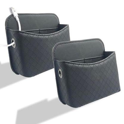 Self-Adhesive Car Seat Side Pocket Organizer with Cable Port - Black PU Leather Storage Pouch for Phone & Keys, Fits Gaps, Console & Door (2 PCS)