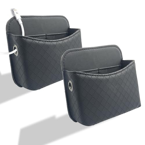 Self-Adhesive Car Seat Side Pocket Organizer with Cable Port - Black PU Leather Storage Pouch for Phone & Keys, Fits Gaps, Console & Door (2 PCS)