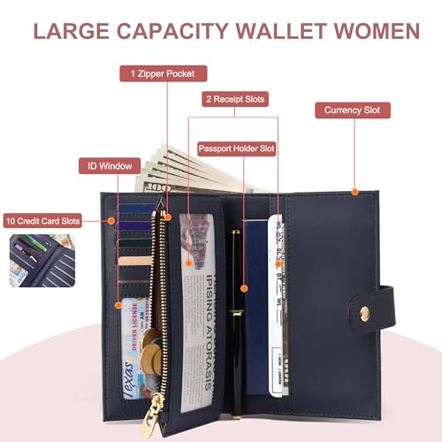 yiijay Wallet for Women RFID Blocking Leather Trifold Clutch Wallet Credit Card Holder Ladies Travel Wallet Purse with Pen Holder - color: 1Royal Blue