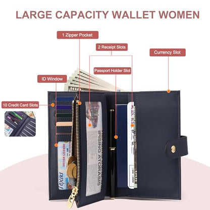 yiijay Wallet for Women RFID Blocking Leather Trifold Clutch Wallet Credit Card Holder Ladies Travel Wallet Purse with Pen Holder - color: 1Royal Blue