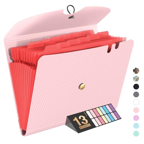 Sooez Expanding File Folder, 13 Pocket Accordion File Organizer, Monthly Expandable File Folder for Documents with Labels, Portable Bill Receipt Organizer for School Office Supplies, Letter A4 Size - color: Pink
