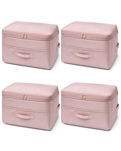 Ultra Space Saving Self Compression Organizers, 4 Pack Double Zipper Compression Packing Cubes for Bedding, Comforter Storage Bag for Blankets Duvet Quilts Pillows Queen King (Pink, X-Large) - color: Pink, size: 4 Pack (X-Large)