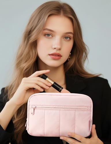 Noozion Makeup Bag Travel Toiletry Bag, Puffy Padded Cosmetic Bag for Women, Makeup Organizer Case, Wide-open Pouch Purse, Travel Essentials - color: Pink