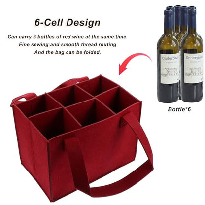 6 Bottle Wine Carrier with Divider Felt Wine Storage Tote Bag, Portable Reusable Wine Travel Bag with Handle for Christmas Travel Camping Picnic Party (Red) - color: Red