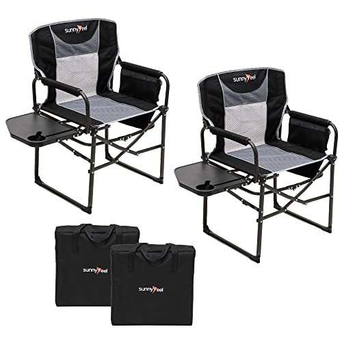 SUNNYFEEL Camping Directors Chair, Heavy Duty,Oversized Portable Folding Chair with Side Table, Pocket for Beach, Fishing,Trip,Picnic,Lawn,Concert Outdoor Foldable Camp Chairs - color: Black Grey-2set