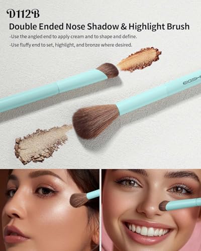 EIGSHOW Makeup Brush Set, 3Pcs Dual Ended Face Makeup Brushes for Foundation Powder Contour Highlight Concealer Nose Shadow, Travel Gift Set (Cyan) - color: Cyan