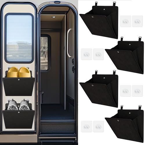 PUGPIU RV Camper Shoe Storage 4 Pack - Foldable Wall Mounted Shoe Rack Organizer - Self-Adhesive Rv Shoe Holder - Space Saving for Camper Essential Home Travel with Deep Pocket Fit 1 Pair Shoes, Black - size: 4