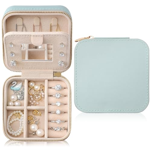 Genuine Leather Travel Jewelry Case Organizer with Mirror for Women, Small Jewelry Box Portable Mini Jewelry Case for Earring, Ring, Necklace, Bracelet(Cyan) - color: Nappa Leather Cyan