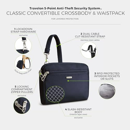 Travelon Anti-Theft Classic Convertible Crossbody & Waist Pack - color: Midnight