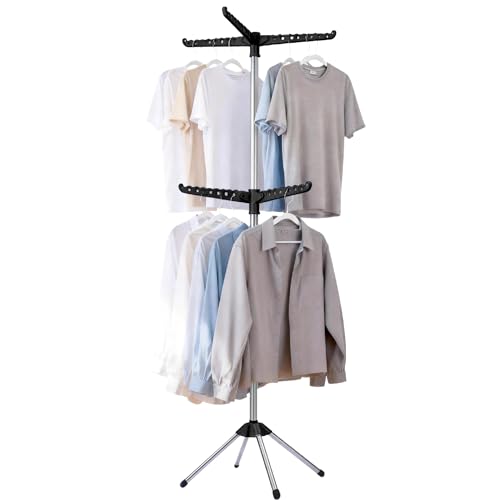 Beaudaily Clothes Drying Rack, Foldable 74.8-Inch Laundry Drying Rack, Indoor 2 Tier Drying Rack Clothing with Rotatable Arms, Stainless Steel, Holds 54 Pieces, Space Saving, Black and Silver - color: Black + Silver, size: 2-Tier