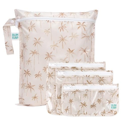 Bumkins - Waterproof Wet Bag & Clear Travel Bags - For Beach, Baby, Travel, Swim Suit, Cloth Diapers, Pump Parts, Pool, Gym, Toiletries - Reusable & Easy to Clean - Palm Trees - 4 Pack - color: A2 Palm Trees-4