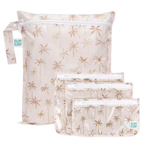 Bumkins - Waterproof Wet Bag & Clear Travel Bags - For Beach, Baby, Travel, Swim Suit, Cloth Diapers, Pump Parts, Pool, Gym, Toiletries - Reusable & Easy to Clean - Palm Trees - 4 Pack - color: A2 Palm Trees-4
